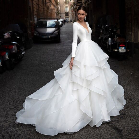 IS-NWT White V-Neck Ball Gown Long Sleeves Satin Wedding Dress Back with Button - Picture 1 of 4